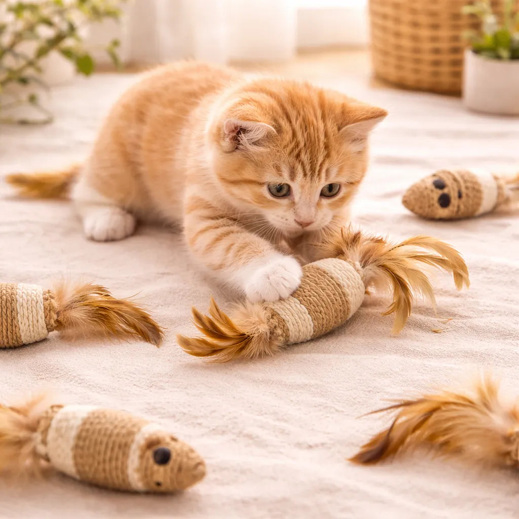Ensemble de jouets d'intérieur pour chat en corde naturel - 5 pièces
